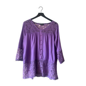 Krizta & Co. Purple Lace Boho Tunic Blouse L/XL 3/4 Sleeve Button Front